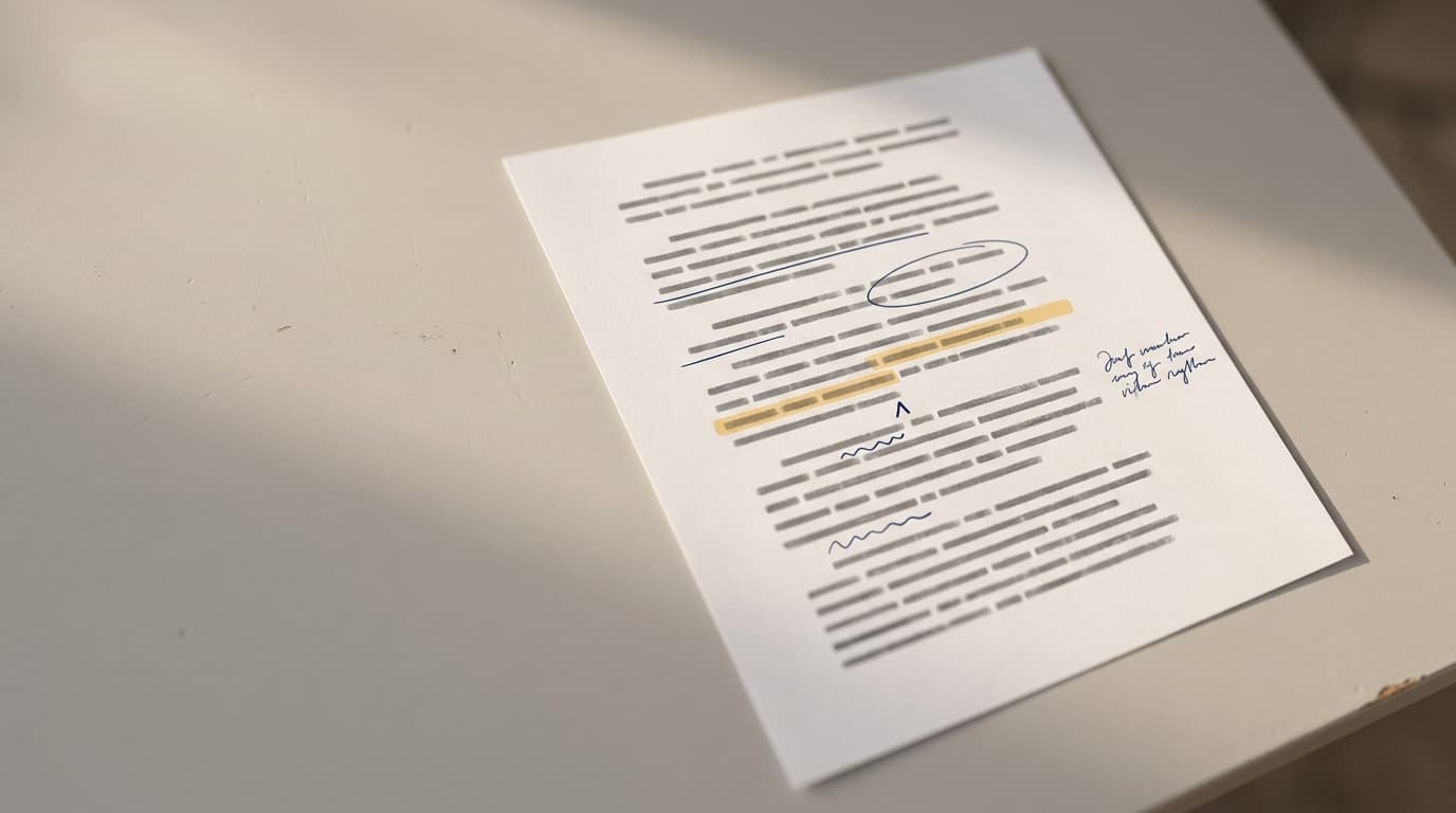 An essay draft on a desk, marked up in blue ink with a highlighted line and a note in the margin.